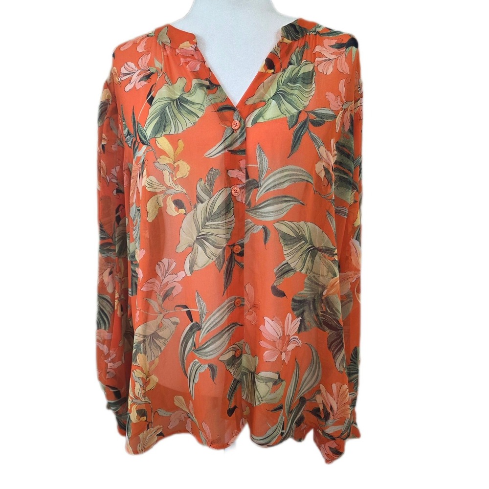 Chicos Orange Summer Tropical Floral Button Front Blouse Long Sleeve Top Size 16